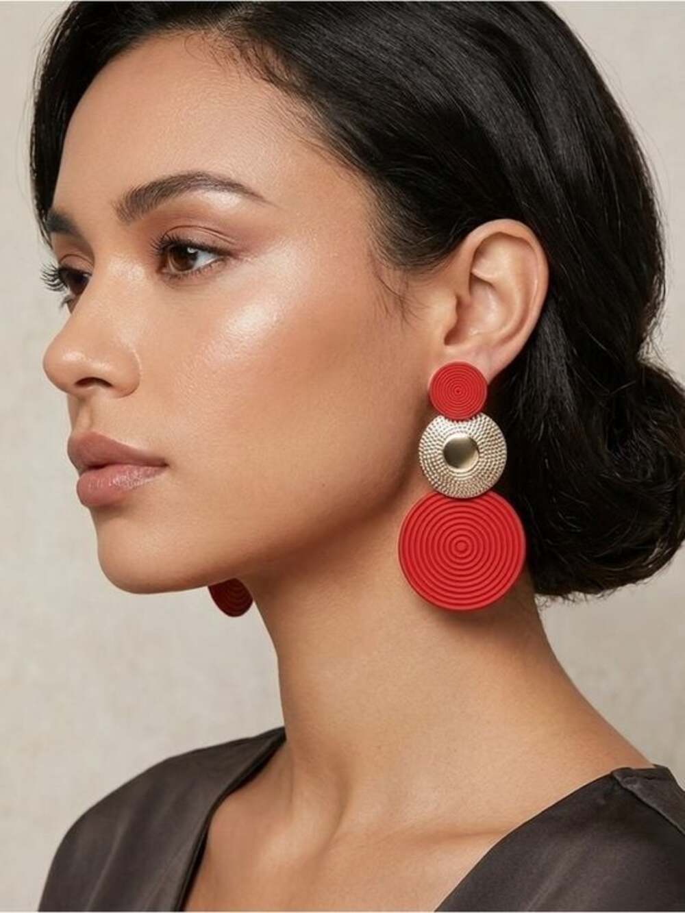 Bold Red Triple-Drop Earrings with Textured Gold Disc - Picture 2 of 4